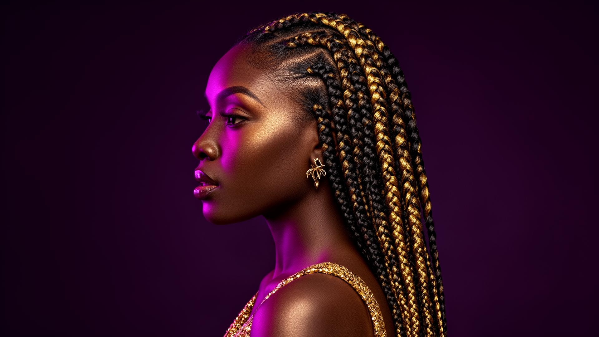 Elegant woman with intricate gold and black braids
